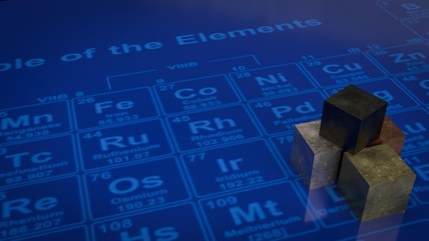 Metalowa kostka na układzie okresowym dla edukacji lub koncepcji nauki renderowania 3dxA