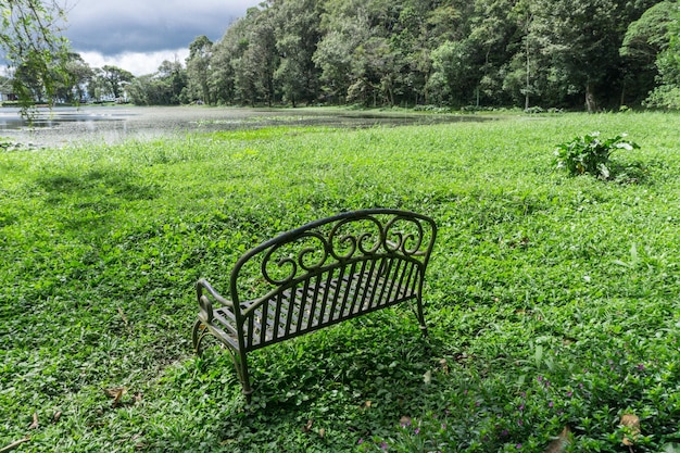 metalowa ławka na polu otoczonym drzewami i jeziorem