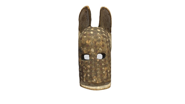 Metalowa maska królika z czarną twarzą i białym tłem.