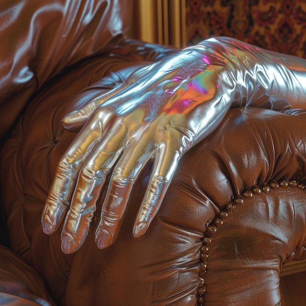 Metalowa rękawiczka na luksusowym skórzanym fotelu