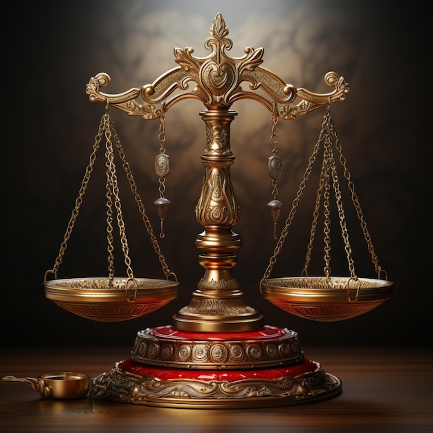 metalowa skala równowagi sprawiedliwości w stylu złotych i czerwonych kamieni szlachetnych realistycznie oddaje koncepcję prawną