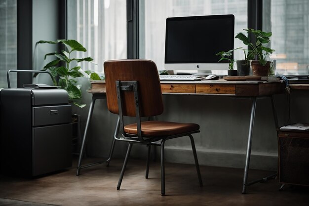 Zdjęcie metalowe biurko z laptopem i krzesłem