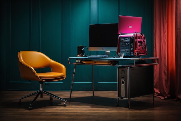 Metalowe biurko z laptopem i krzesłem