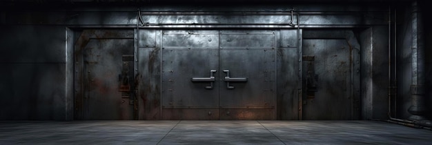 metalowe drzwi w ciemnym pokoju w stylu realistycznego, hiperszczegółowego renderowania
