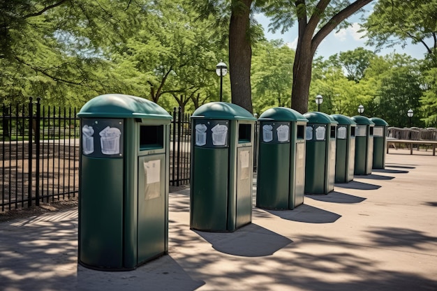 Metalowe pojemniki na śmieci i recykling w Flushing Meadows Corona Park Queens USA, 14 maja 2022 r.