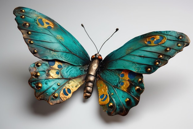 Metalowy motyl z niebieskimi i złotymi skrzydłami.
