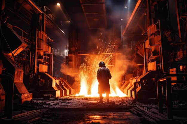 Metalurg w pobliżu wielkiego pieca topi gorący czerwony metal Produkcja metalurgiczna