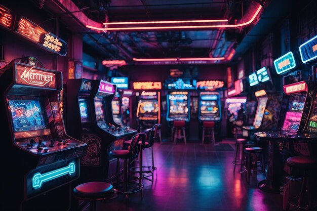 Metaverse Cyberpunk Arcade Interior NeonLit Gaming Hub