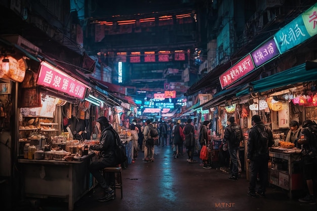 Metaverse Cyberpunk Night Market Interior Neon Lit Bazaar