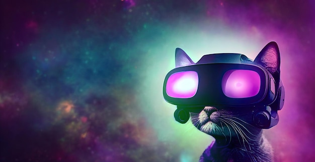 Metaverse mały słodki kot w okularach wirtualnej rzeczywistości ze świecącymi oczami na tle przestrzeni neonowej