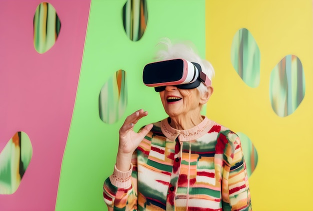 Metaverse Portret starszej kobiety w okularach VR Koncepcja wirtualnej rzeczywistości emeryta i cyberprzestrzeni