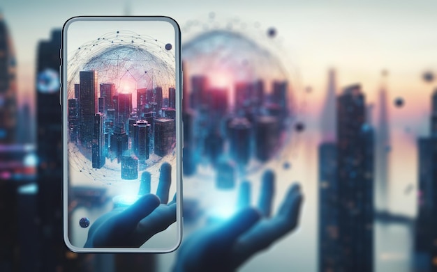 Metaverse świat na smartfonach Pokaż swoje wirtualne miasto i avatar na ekranie Ludzie w wirtualnym