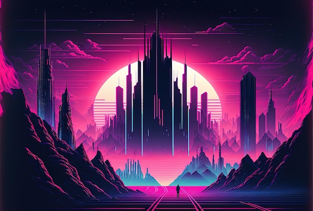 Zdjęcie metaverse synthwave retrowave cyberpunk neonowy krajobraz z połyskującymi wieżami