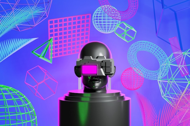 Metaverse vr symulacja gry w stylu cyberpunk cyfrowy robot ilustracja 3d renderująca wirtualną rzeczywistość