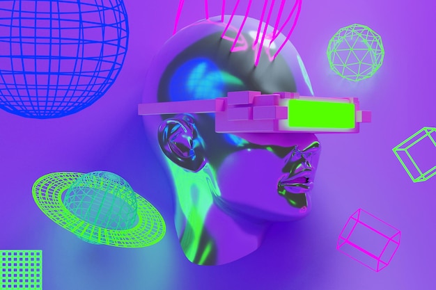 Metaverse Vr Symulacja Gry W Stylu Cyberpunk Cyfrowy Robot Ilustracja 3d Renderująca Wirtualną Rzeczywistość