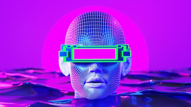 Metaverse vr symulacja gry w stylu cyberpunk cyfrowy robot ilustracja 3d renderująca wirtualną rzeczywistość