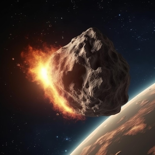 Meteor leci nad planetą z planetą w tle.