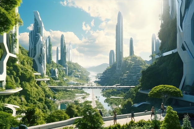 Metropolia przyjazna ekologia Mega budynki miejskie i wieże zielone środowisko miasto Generacyjna sztuczna inteligencja