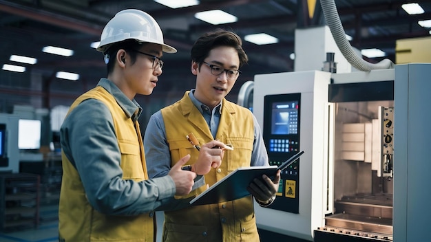 Mężczyzna azjatycki inżynier profesjonalny dyskusja stojący concult maszyna cnc w fabryce tw