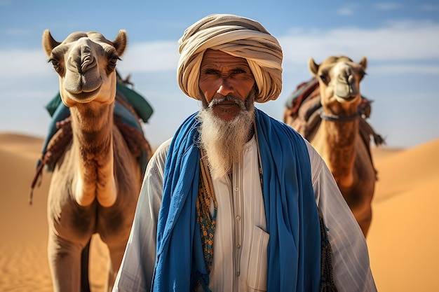 Mężczyzna berberyjski prowadzący karawanę wielbłądów Mężczyzna prowadzi przez pustynię dwa wielbłądy Mężczyzna ubrany w tradycyjne