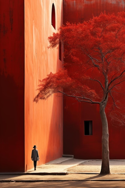 mężczyzna biegnący obok czerwonej ściany przed drzewem