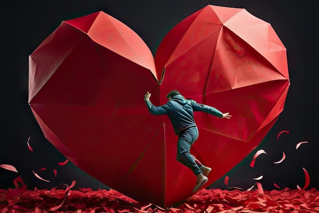 Zdjęcie mężczyzna biegnie przez obiekt w kształcie serca z czerwonym sercem na tle