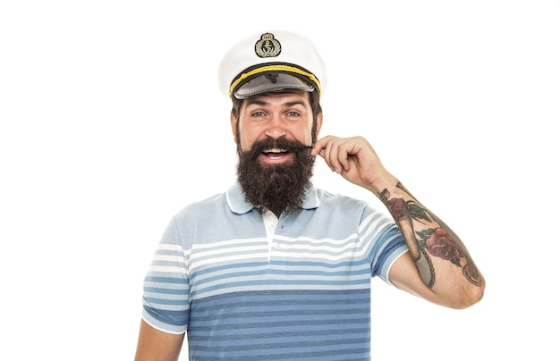 Mężczyzna brodaty kapitan marynarz mundurowy rejs morski mile widziany na pokładzie koncepcji