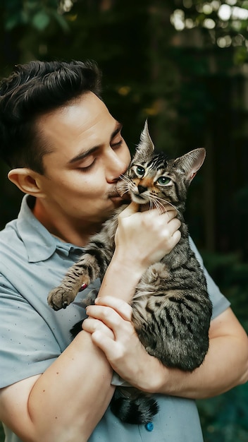 Mężczyzna całujący kota z kotem w ustach.