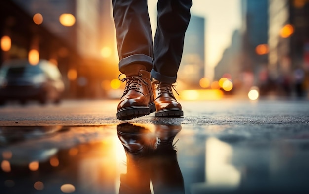 Mężczyzna chodzący w deszczu na ulicy miasta AI