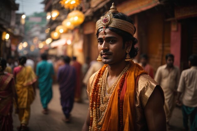 Mężczyzna chodzący w stroju religijnym na ulicy Indii