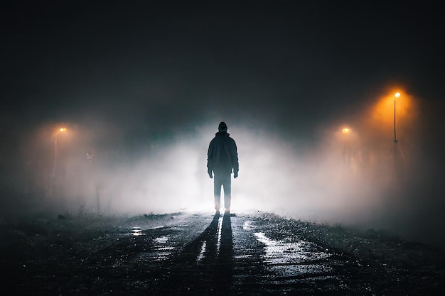 Mężczyzna chodzący we mgle na drodze Mglista noc