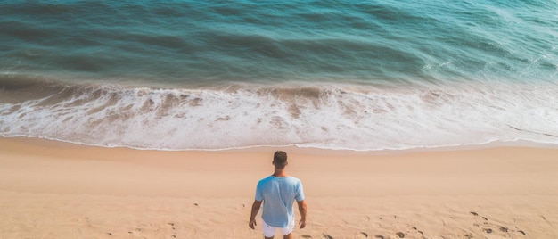 Mężczyzna chodzi po plaży przed oceanem.