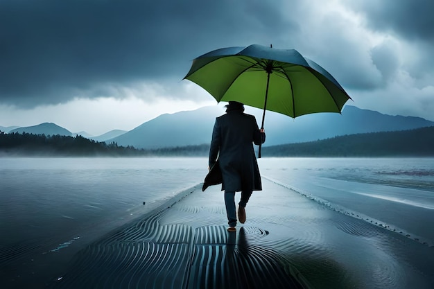 Mężczyzna chodzi z parasolem w deszczu.
