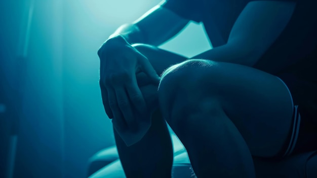 Mężczyzna cierpi na ból stawu kolanowego ból kości u mężczyzny trzyma rękę na bólu kolana po operacji ścięgna