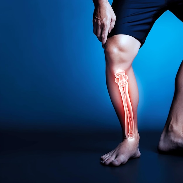 Zdjęcie mężczyzna cierpiący na ból i zapalenie kości nogi medyczny ortopedyczny izolowany na niebieskim tle