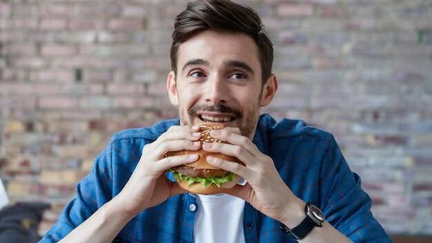 Mężczyzna cieszy się hamburgerem.