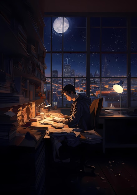 Mężczyzna ciężko pracuje przy biurku, nauczyciel nocny, pracujący mężczyzna.