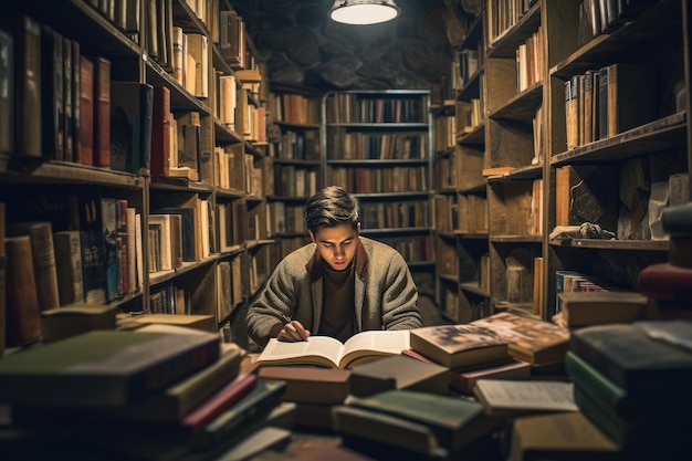 Mężczyzna czyta książkę w bibliotece