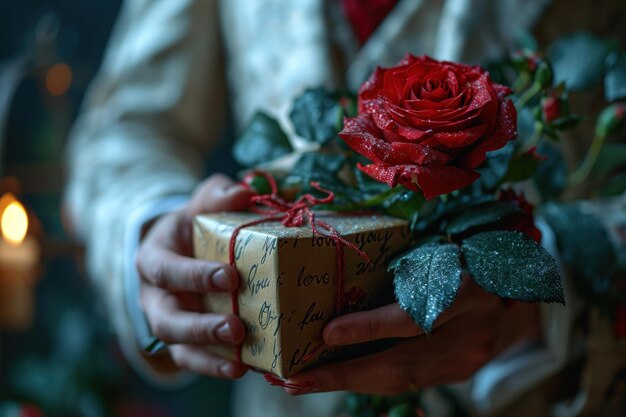 Mężczyzna daje prezent i kwiaty kobiecie w Dzień Walentynek