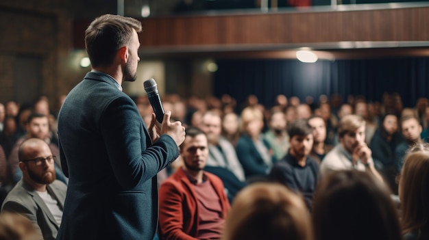 Mężczyzna daje przemówieniu przed tłumem