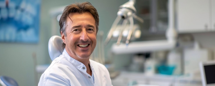 Zdjęcie mężczyzna dentysta w swoim biurze uśmiecha się do kamery
