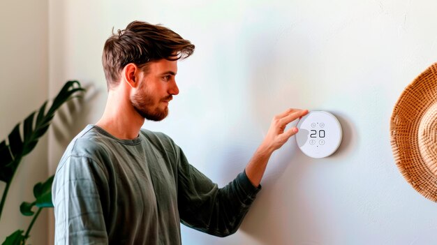 Mężczyzna dostosowuje inteligentny termostat do wydajnej temperatury w domu