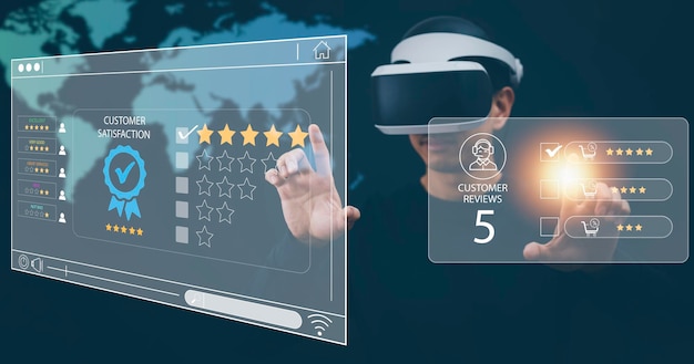 Zdjęcie mężczyzna dotyka smartfona z koncepcją badania opinii na temat satysfakcji klientów użytkownik ocenia doświadczenie w zakresie obsługi aplikacji online, co prowadzi do rankingu reputacji firmy