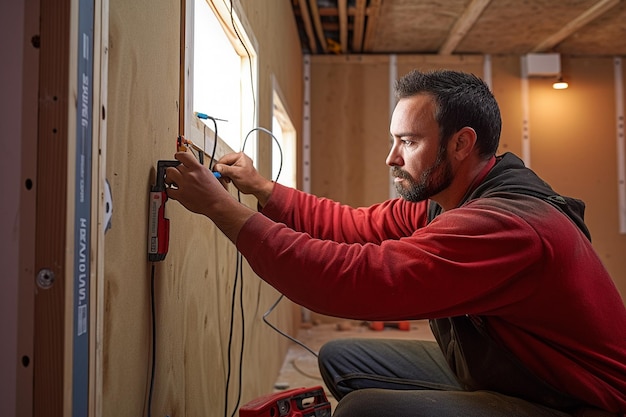 Mężczyzna elektryk ocenia ścianę w budowie