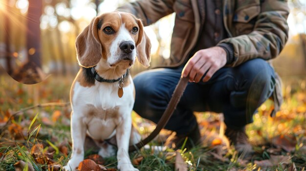 Mężczyzna głaska swojego przyjaciela psa Beagle, który cieszy się komunikacją ze swoim właścicielem podczas spaceru na świeżym powietrzu