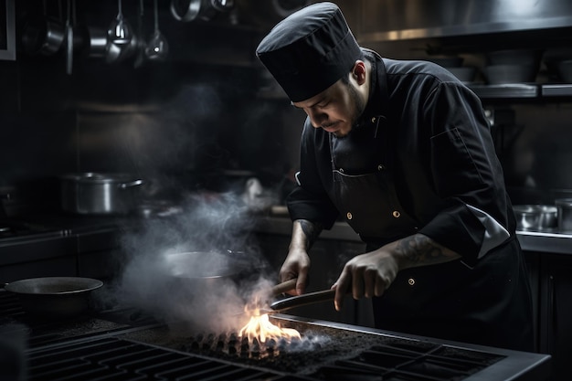 Mężczyzna gotujący na grillu w kuchni generującej sztuczną inteligencję