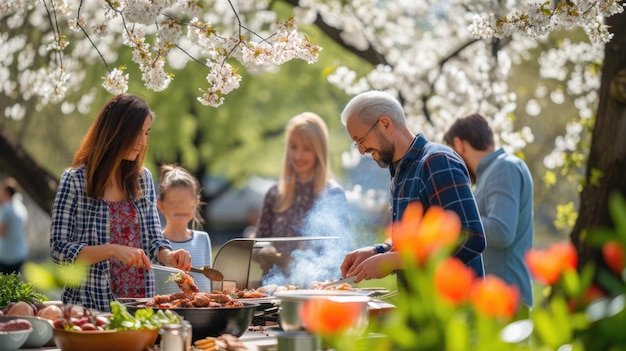 Mężczyzna gotuje jedzenie na grillu przed grupą ludzi AIG41