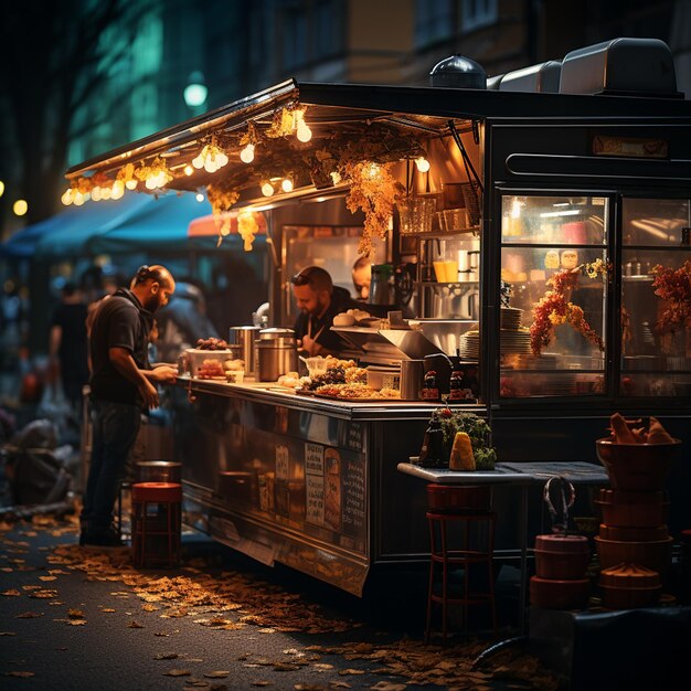 Zdjęcie mężczyzna gotuje jedzenie w wózku z jedzeniem na zewnątrz