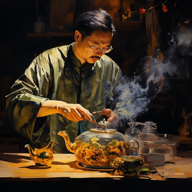 Zdjęcie mężczyzna gotuje jedzenie z palaczem w tle.