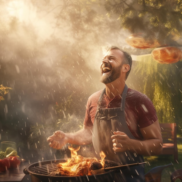 Zdjęcie mężczyzna gotuje na grillu w deszczu.